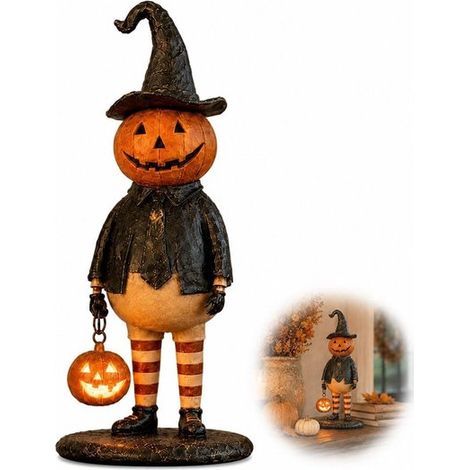 Décoration d'Halloween - Figurine de sorcière citrouille LED - Halloween vintage - Décoration de table avec citrouille lumineuse, figurine en résine orange pour table, armoire, cheminée et étagère (1/5)