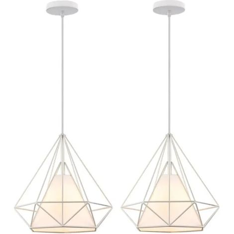 2PCS Lustre Suspension Rétro en Cage Diamant Lampe Plafonnier Design Edison Métal pour Chambre Salon Blanc (1/4)