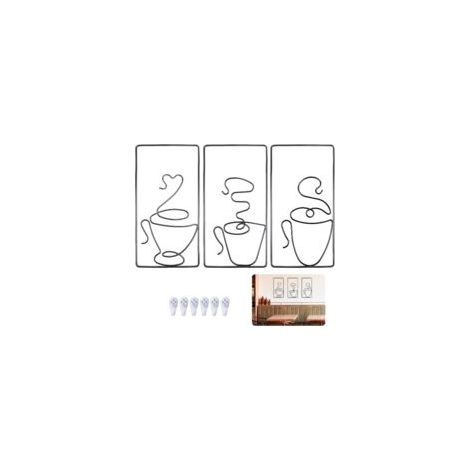 Decorazioni murali in metallo, cornici decorative in ferro, arte minimalista a forma di tazza da caffè per bar, cucina, sala da tè, ristorante, pub, decorazione, 3 pezzi, nero, 24 x 12 cm - Crezuo