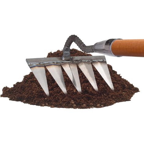 Scarification  Metal Gardening Rake  Heavy-Duty Metal Rake, Stubble Rake, Weeding Rake with Carbon Steel Teeth, 5 Teeth (1/5)