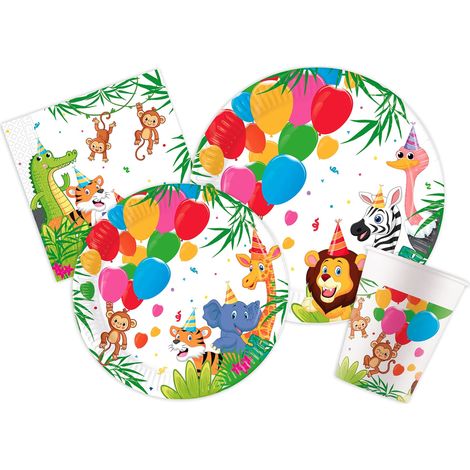 Kit Vaisselle de Fête animaux Jungle Balloons pour 8 personnes (44 pcs: 8 assiettes Ø23cm, 8 assiettes Ø20cm, 8 gobelets 200ml, 20 serviettes 33x33cm) en papier FSC (1/4)