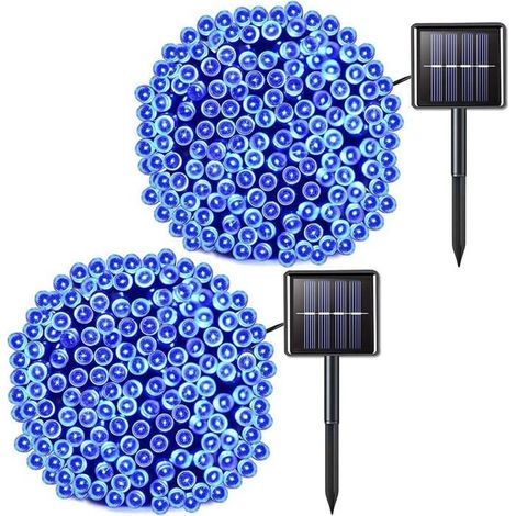 2 guirlandes lumineuses solaires, 100 LED bleues, 13 m, étanches IP44, 8 modes, pour jardin et événements extérieurs