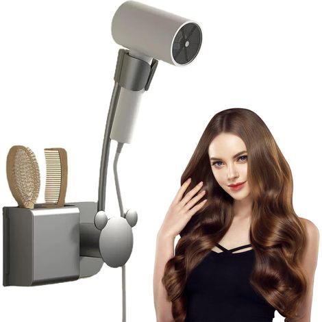 Soporte de pared para secador de pelo con sistema integrado de sujeción y gestión de cables, compatible con la mayoría de los modelos, no requiere taladrar.