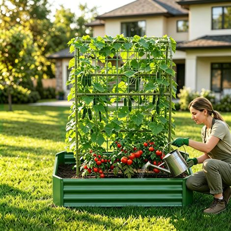Potager surélevé avec treillis, potager d'extérieur pour cultiver fleurs, légumes et herbes aromatiques sur terrasse et balcon, 120 x 60 x 150 cm (1/5)