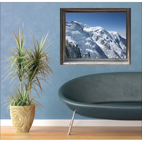Sticker Fenêtre 3D Neige Montagne Ciel Bleu 60x75cm - Déco Trompe l'Oeil Ambiance Ski Alpin (1/5)
