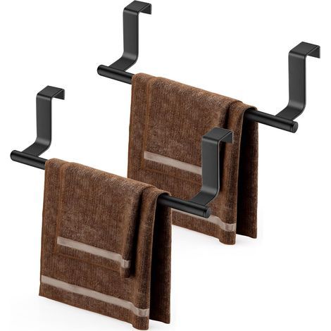 2 Pcs Porte Serviette Salle de Bain, Torchon sans Percage, Porte-Serviettes de Porte, Accroche Cuisine en Acier Inoxydable, Crochet Torchon à Suspendre pour d'armoire, Design Moderne, Noir (1/5)