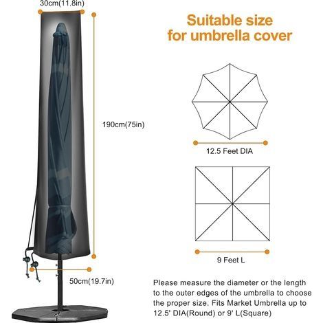 Schutzhülle für Sonnenschirme mit 2 bis 4 m Durchmesser, große wasserdichte Schutzhülle für Terrassentische, 420D Oxford-Gewebe, Schutzhülle für Sonnenschirme mit 2,7 bis 3,35 m Durchmesser, H 190 x 3 (1/4)