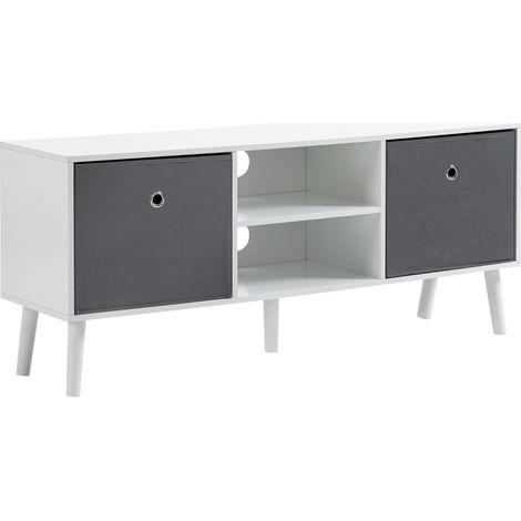 Meuble TV blanc et gris pour téléviseurs jusqu'à 50 pouces avec 2 tiroirs en tissu et étagères ouvertes 110x29x46,5 cm (1/5)