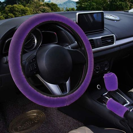 3 PCS Ensemble de Couvre-volant Moelleux, Couverture de Volant Chaud Hiver, Couverture de Frein à Main, Couverture de Changement de Vitesse, Antidérapants en Peluche Universelle, Violet-Fei Yu (1/4)