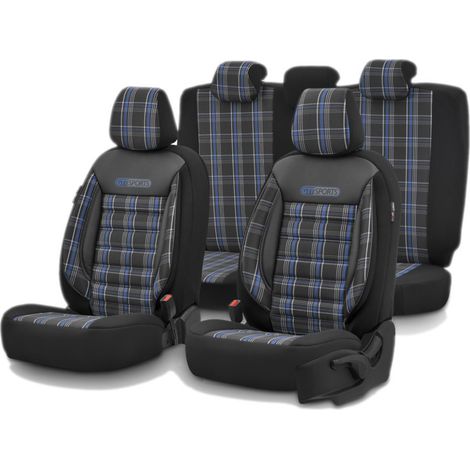 Komplettset luxuriöser Sitzbezüge OTOM-Textil mit Kunstleder, GTI SPORTS Design – Schwarz mit blauer Naht, für Vorder- und Rücks