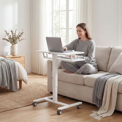 Escritorio Recto Regulable en Altura con Bandeja para Teclado y Ruedas, para Oficina en Casa, 65 × 60 × 71-107 cm, Blanco (1/5)