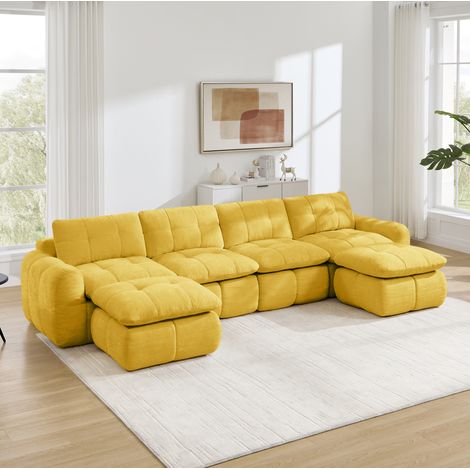 Canapé modulable U 4 places sans cadre, chenille jaune, 334 x 160 x 68 cm, 2 ottomans (1/5)