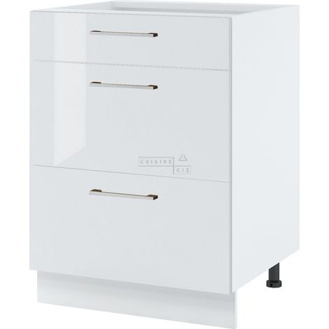 Casserolier îlot de cuisine Bellissi Blanc Brillant L 60 cm -  Porte avec poignée apparente Coulisses tiroir sans amortisseur White