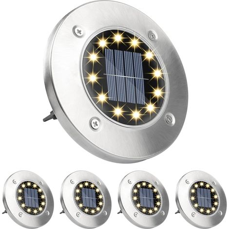 Lot de 4 lampes solaires au sol - 12 LED - Blanc chaud - Solaires d'extérieur - En acier inoxydable IP65 - Étanche - Pour pelouse, allée de jardin, cour (1/5)