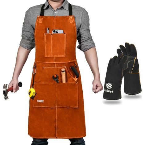 Tablier de soudage, Tablier de Travail en Cuir de Vachette avec 6 Poches, Tablier de Cuisine Multifonctionnel, Bretelles Réglables de M à XXL pour Hommes et Femmes (1/5)