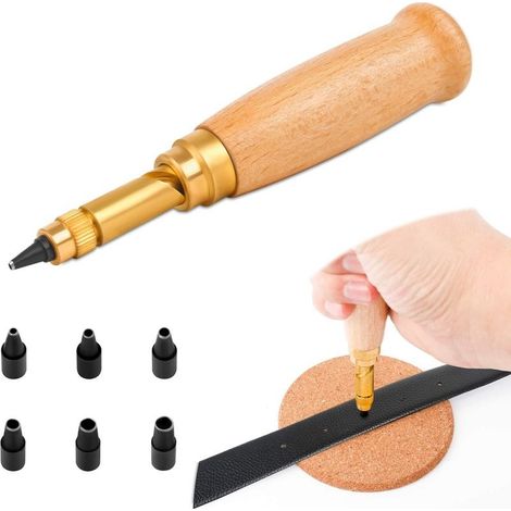 Automatic wooden awl for leather and paper – 6 interchangeable tips (1.5 to 4 mm) – Craft sewing, bookbinding, leather goods (1/5)