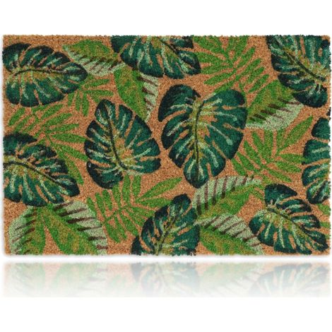 Relaxdays Zerbino in Fibra di Cocco, 40x60 cm, Design con Foglie, Tappetino Interni e Esterni, Antiscivolo, Colorato (1/5)