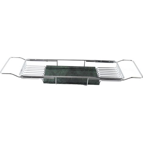 Étagère de baignoire en métal à motif marbre, antidérapante, peu encombrante, multifonctionnelle et extensible. Idéale comme cadeau de pendaison de crémaillère. Coloris argent/vert. (1/5)