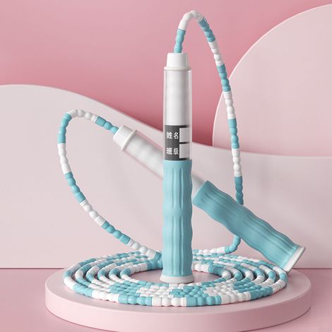 Corde à sauter en bambou avec longueur ajustable, motif de perles et poignée en silicone pour enfants et élèves (1/5)