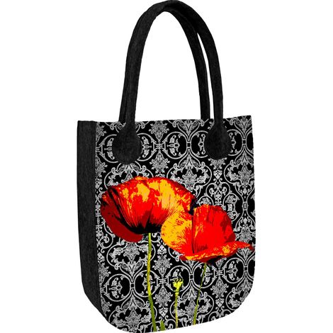 Borsa shopper da donna in feltro color antracite, con stampa papaveri, realizzata in feltro ecologico, con chiusura a zip, adatta per formati A4 e con una capacità di carico fino a 10 kg. Prodotta in  (1/5)