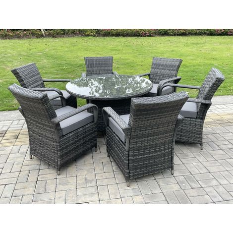 Fimous 6-Sitzer Rattan Gartenmöbel Set Polyrattan Essgruppe Gartenlounge Wetterfest Stühle Runde Tische mit Glas für Rasen, Terrasse,Dunkelgrau Gemischt（6 Stühle+Groß Runder Tisch） (1/2)