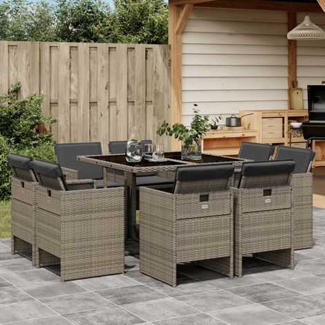 Vidaxl – Ensemble à manger de jardin 9 pcs – Résine tressée gris – Table 110x106x73 cm avec verre trempé – Chaises pliantes avec coussins amovibles (1/5)