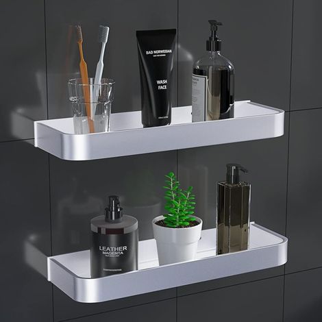 Lot de 2 étagères de douche autocollantes en aluminium – Installation sans perçage – Dimensions 30x12,5x4 cm – Pour salle de bain et cuisine (1/5)