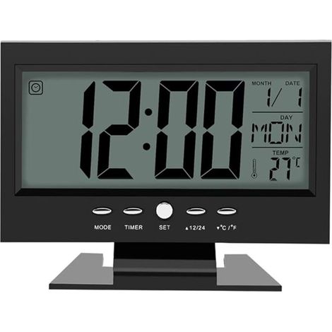 Horloge électronique, réveil à capteur de son numérique LCD avec calendrier et affichage de la température (noir) (1/5)