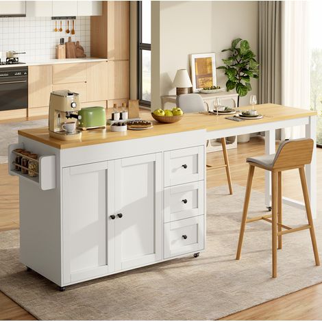 MEUBLIV Îlot de cuisine extensible blanc 116 à 179,5 cm avec rangements, roulettes et 3 tiroirs (1/5)