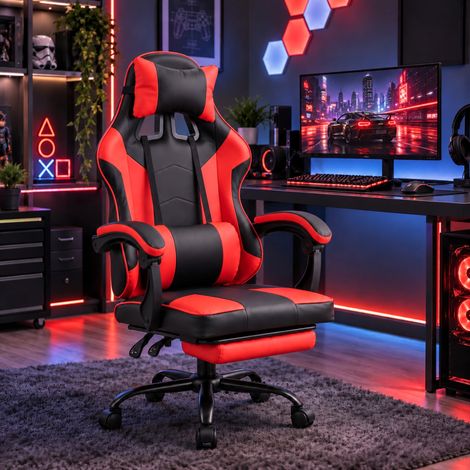 Ergonomic Gaming Chair with Footrest and Removable Pillows in Red (1/5)