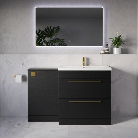 Napoli 390 Nero Oak 1300mm 2 Drawer Vanity Unit Toilet Suite with Glide Basin - 1300mm - Brushed Brass 480mm HandleWithout Kingston Toilet Pan