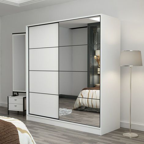 Kleiderschrank 2 Türen Torello, Schlafzimmer-Schrank mit 5 Regalen, Kleiderstange, 180x190h cm Weiß (1/5)