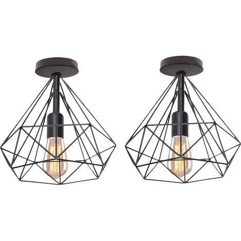 2PCS Lampe De Plafond Rétro Vintage En Forme De Diamant 25CM (Noir) Plafonnier Industriel En Métal Et Fer E27 Pour Restaurant Et Café (1/5)