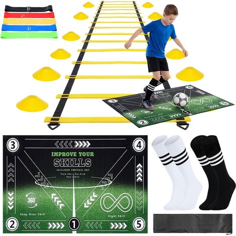 Football Training Kit, Football Training Equipment 90 x 60 cm Exercise Mat 6 m Agility Ladder 5 Resistance Bands 10 Disc Cones 2 Pairs of Long Socks (1/5)
