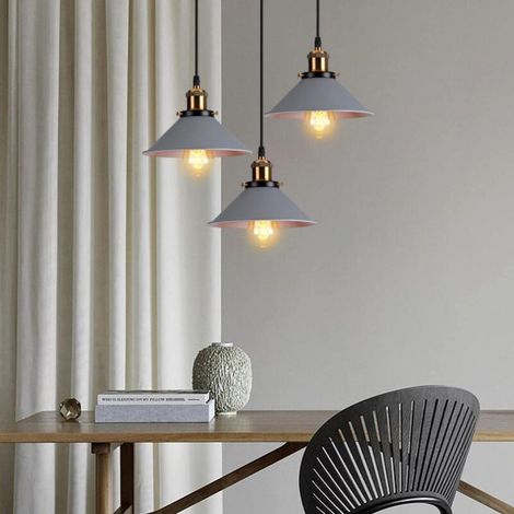 Lustre rétro à trois lumières (gris), lumière chaude, E27, plafonnier décoratif, aucun câblage requis, abat-jour en métal. (1/5)