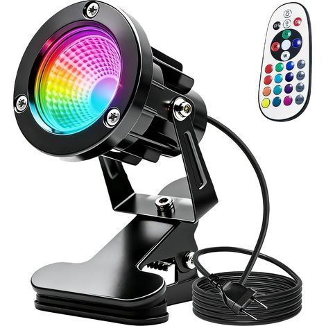 Projecteur LED avec pince et télécommande, interrupteur et prise, IP65 éclairage étanche pour plantes d'intérieur et d'extérieur, plusieurs teintes, spot LED de 6W avec 1,8m de câble et prise pour (1/5)