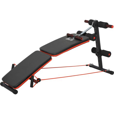 Bench entraînement abdominal cordes, établi multifonction réglable pliable, capacité charge 110 kg, acier noir+rouge, 137 x 51 x 50-66 cm