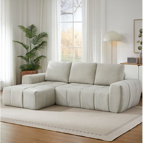 Sofá de esquina de pana beige, diseño segmentado con capitoné, cojines extraíbles, espuma y muelles ensacados, sin montaje (1/5)