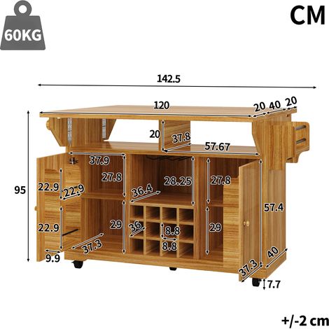 Chariot de service multifonctionnel, table roulante de cuisine avec rangement, étagères réglables et porte-bouteilles de vin, table d'appoint mobile pour salle à manger, salon et balcon, brun foncé (1/5)