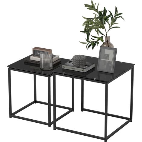 Ensemble de 2 tables d'appoint, design moderne, empilables, en verre, noires (1/5)