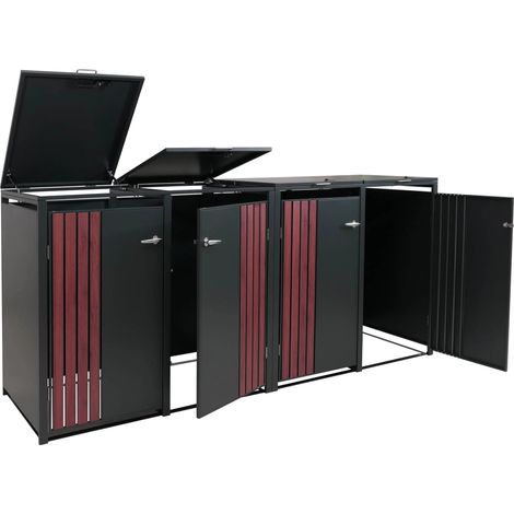 Cache-poubelles extérieur pour 4 bacs 80 à 240 L en acier anthracite effet bois abri poubelles avec couvercle et portes verrouillables 264 x 84 x 122 cm 040009342