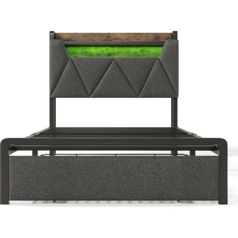 Letto contenitore 90 x 200 cm in lino grigio con LED, USB-C e cassetto (1/5)