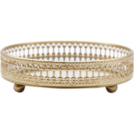 Deux plateaux à bijoux en fer forgé plaqué or avec miroirs, pouvant servir de rangements pour cosmétiques ou de présentoirs à desserts. Leurs dimensions sont respectivement de 25 cm et 17,5 cm. (1/5)