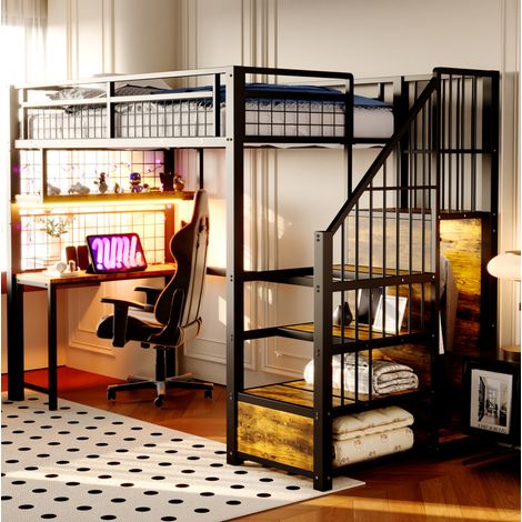Lit mezzanine 90/200 cm noir en métal avec bureau, étagères et escalier de rangement (1/5)