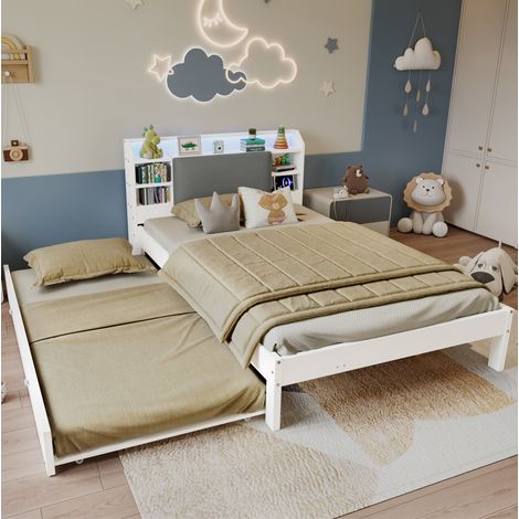 Cama nido 120x200 cm en madera blanca con cama auxiliar extraíble 90x190 cm, LED y cabecero con almacenaje, sin colchón (1/5)