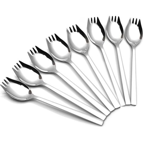 8-teiliges 2-in-1-Besteckset aus Edelstahl 304: Suppengabel, Suppenlöffel, Salatgabel und Spaghettilöffel ideal für Obst, Eiscreme und Camping