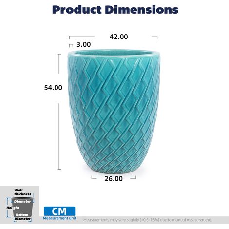Pot de fleur en céramique grand, bleu cyan brillant motif losange, respirant et résistant au gel, diamètre 42 cm hauteur 54 cm, pour grandes plantes intérieur et jardin (1/5)