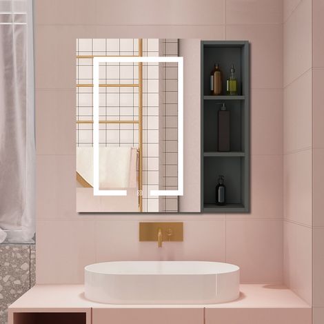 Aica Armoire avec miroir LED de Salle de Bain Murale, avec Prise Rasoir, 70x40cm, Anti-Buée + Tricolore, avec armoire latérale, Anthracite