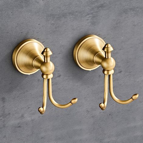 Set di due ganci appendiabiti vintage per asciugamani, vestiti, bagno e cucina, accappatoi, con finitura bronzo dorato spazzolato.