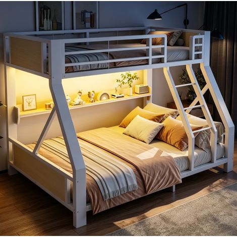 Etagenbett 90x200/140x200 cm aus Metall/Holz, Weiß, LED, ohne Matratzen – MEUBLIV (1/5)